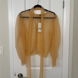 ZARA ECRU NUDE SEMI-SHEER TULLE BLOUSE TOP PUFF SLEEVES NECK / WAIST TIE SCARF